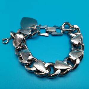 Vintage Chunky Heart Bracelet, Safety Chain, Fold Over Clasp, 7 Inches